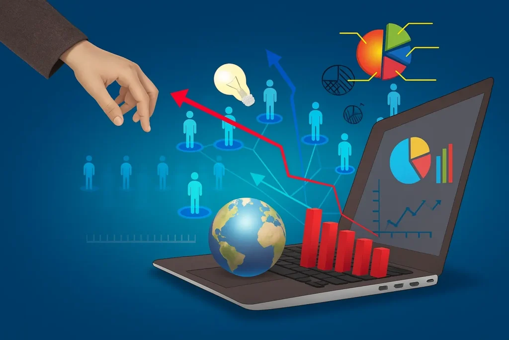 A conceptual digital marketing graphic showing a hand reaching toward a laptop with business analytics on the screen, red bar graphs emerging from the keyboard, a globe, and icons of people, pie charts, and arrows representing global digital marketing strategy and audience targeting.