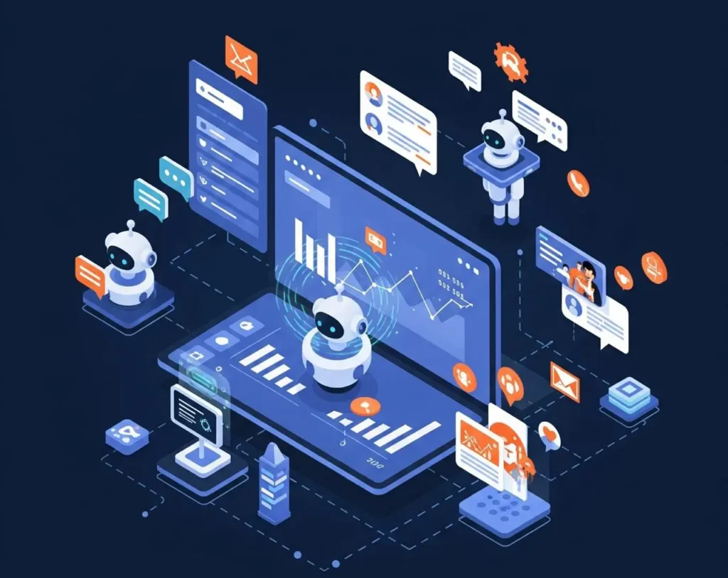 sometric illustration of artificial intelligence and automation in a digital workspace. Small robot characters interact with various data visualizations, charts, and user interface elements on multiple screens. Icons representing communication, settings, and analytics are floating around, indicating AI-driven business and data analysis tasks. The color scheme is primarily blue with accents of orange and white, symbolizing technology and efficiency.