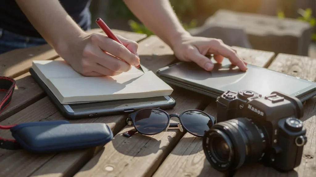 Close-up of a person writing in a notebook placed on top of a tablet, with another hand using a second tablet. Surrounding items on the wooden table include a DSLR camera, sunglasses, and a camera pouch. A creative workspace setup that reflects the tools and lifestyle of the best digital marketing freelancer in Calicut, Kerala.
