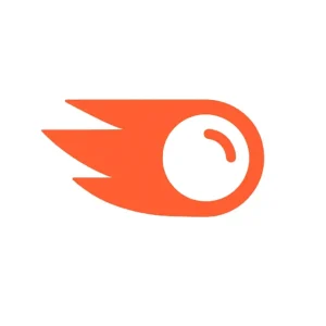 Logo of Semrush, featuring an orange comet-like shape with a white circular center and three trailing flames, symbolizing speed and data-driven insights—an essential tool used by a professional digital marketing freelancer in Calicut.