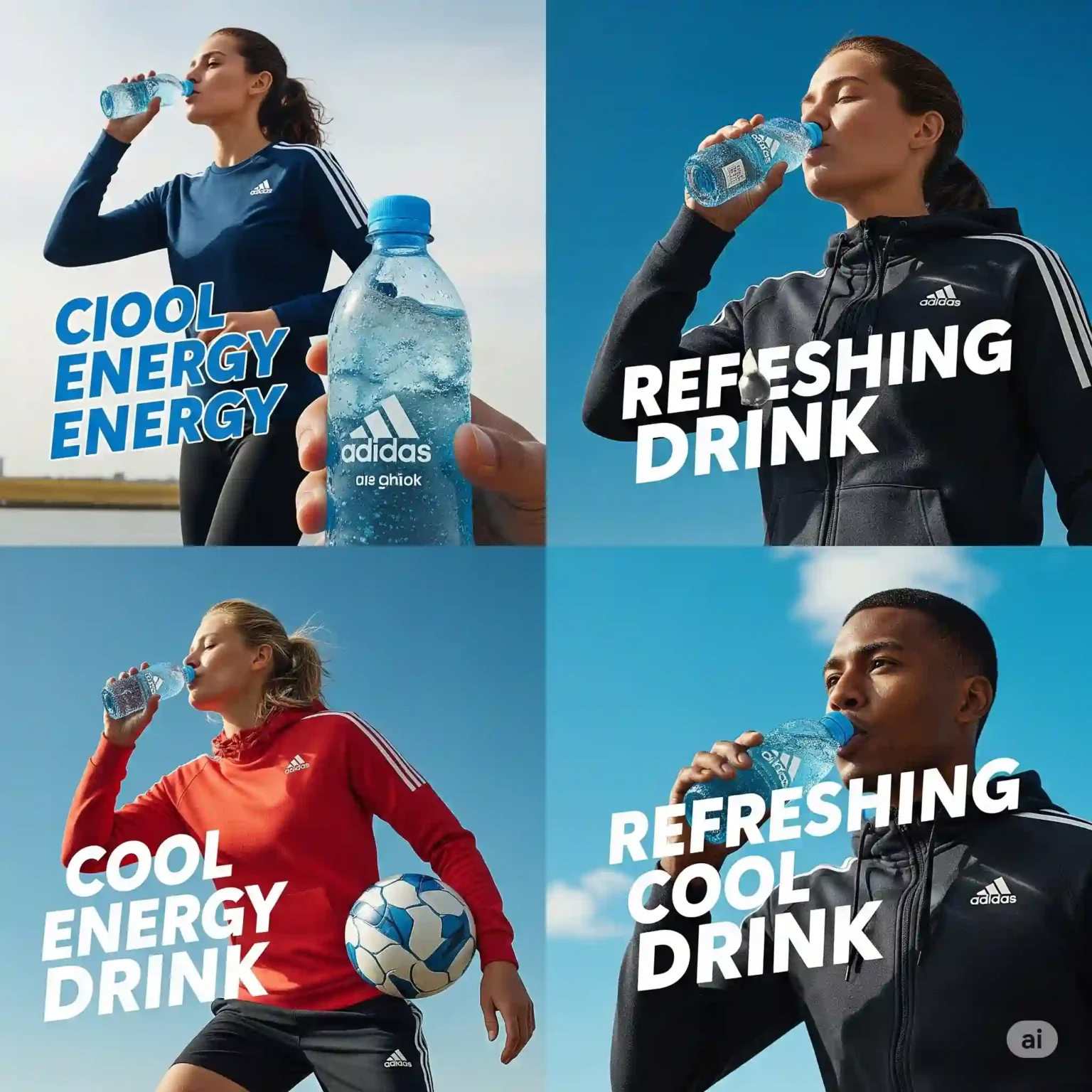 Collage of four athletes wearing Adidas sportswear, each drinking from a blue Adidas-branded water bottle. Text overlays read “COOL ENERGY ENERGY,” “REFRESHING DRINK,” “COOL ENERGY DRINK,” and “REFRESHING COOL DRINK.” The scene features blue skies and an active outdoor environment, symbolizing freshness and vitality—ideal visual inspiration for the number one digital marketing freelancer in Calicut promoting energetic and engaging branding.