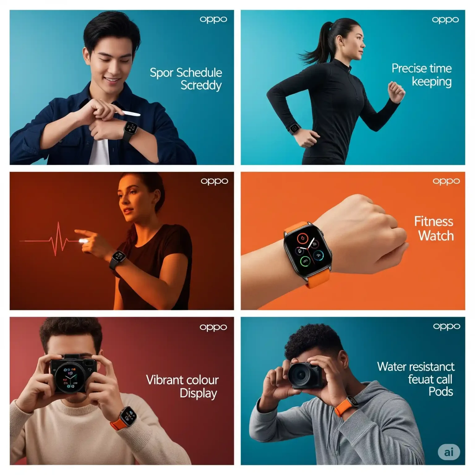 Collage of six promotional images for an Oppo smartwatch, featuring diverse models showcasing features like fitness tracking, precise timekeeping, heart rate monitoring, vibrant color display, and water resistance. The visuals are bold and dynamic, emphasizing lifestyle and technology. A great example of visual branding creativity by the number one digital marketing freelancer in Calicut, Kerala. Collage of six promotional images for an Oppo smartwatch, featuring diverse models showcasing features like fitness tracking, precise timekeeping, heart rate monitoring, vibrant color display, and water resistance. The visuals are bold and dynamic, emphasizing lifestyle and technology. A great example of visual branding creativity by the number one digital marketing freelancer in Calicut, Kerala.
