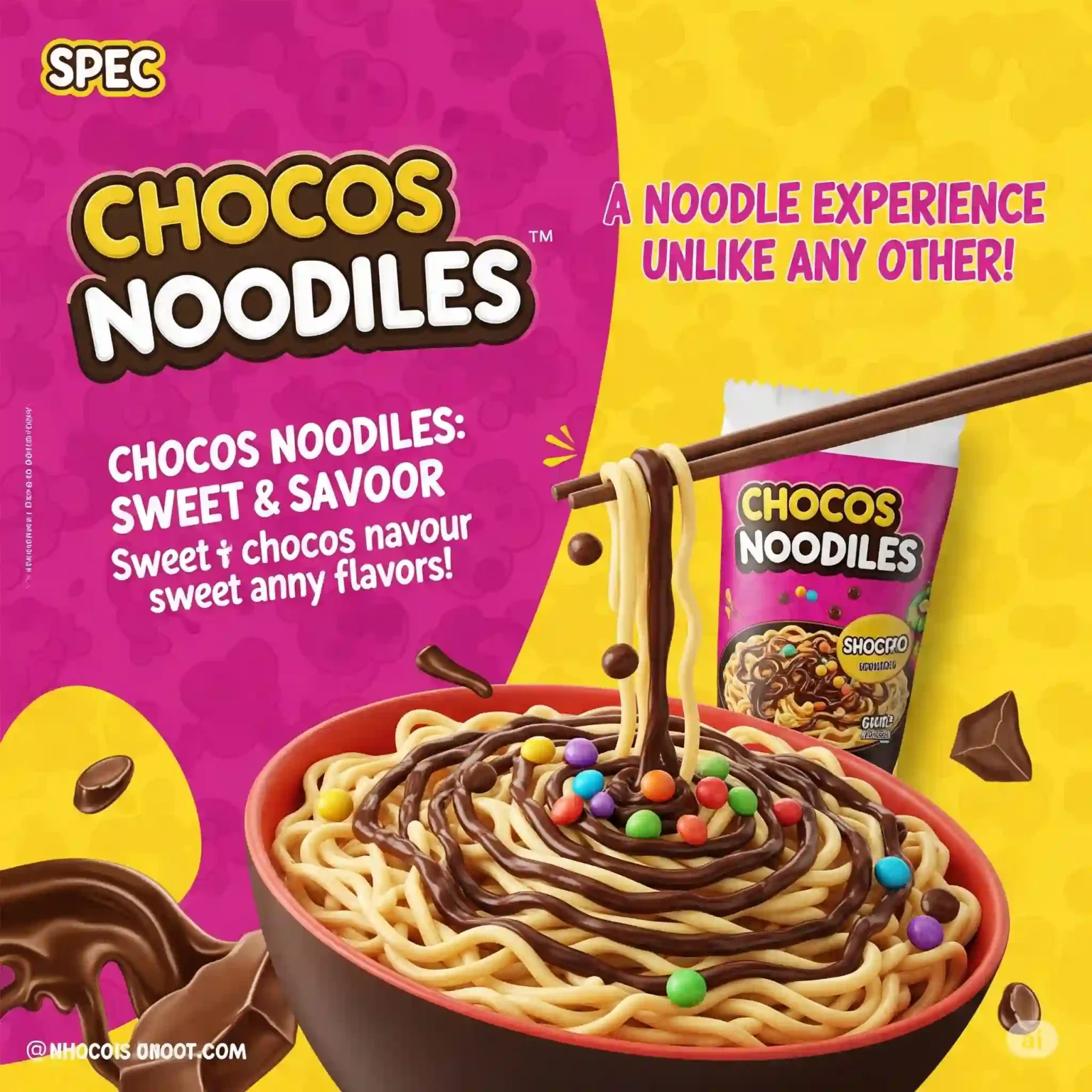 Bright and colorful advertisement for “Chocos Noodiles,” a sweet and savory chocolate-flavored noodle snack topped with chocolate syrup and colorful candy. The design includes vibrant pink and yellow backgrounds, a bowl of noodles, a branded packet, and playful chocolate elements. Perfect example of creative branding as promoted by the top leading digital marketing freelancer in Calicut.